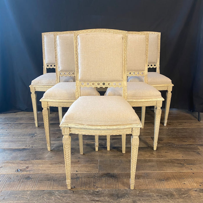 Set of 6 French Early 19th Century Intricately Carved Dining or Side Chairs with Original Paint