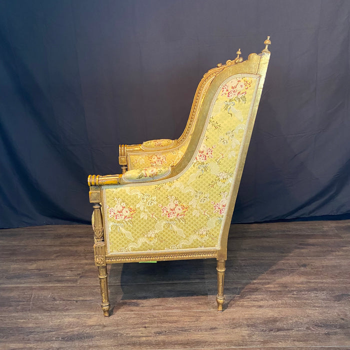 French Louis XVI Early 20th Century Giltwood Wingback Bergere Carved Armchair