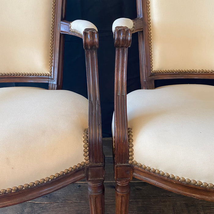 French Pair Louis XVI Carved Mahogany Fauteuil Arm Chairs