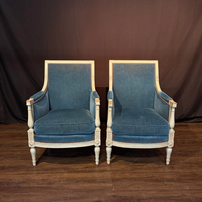 Pair of Antique French Neoclassical Painted Armchairs or Bergères in Blue Mohair