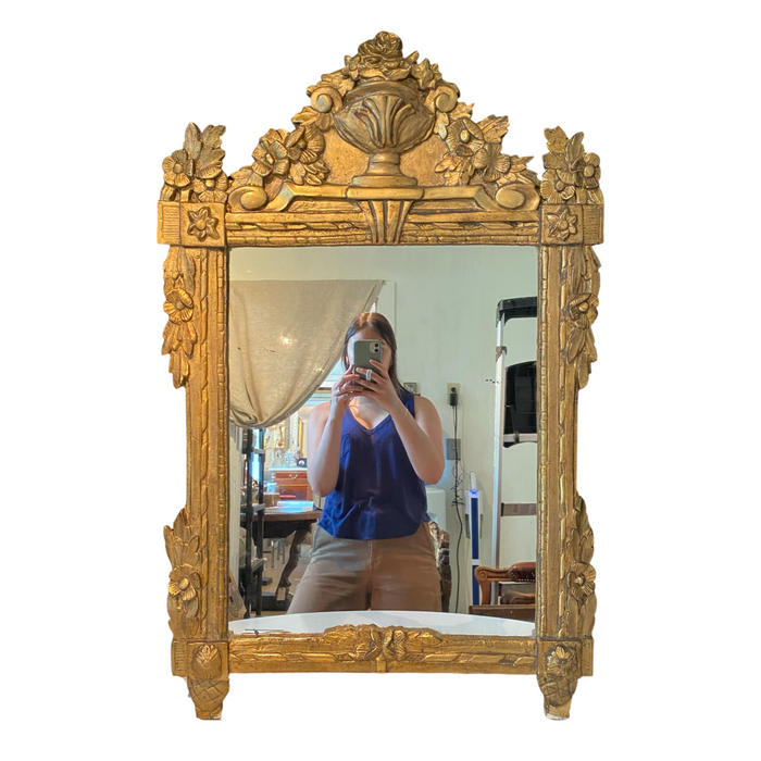 19th Century French Period Louis XVI Gold Mirror with Center Urn Frontispiece
