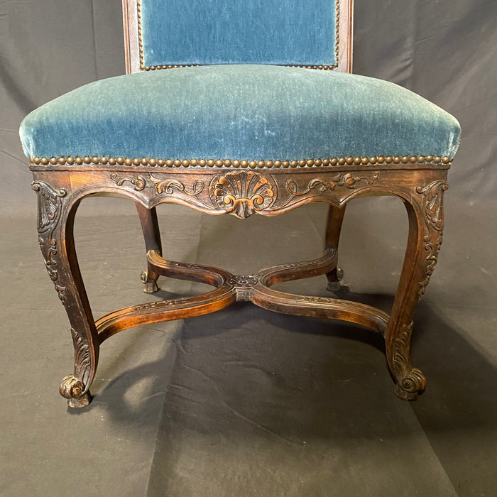 Pair of 19th Century French Louis XV Chairs with Original Blue Mohair Upholstery Accent Chairs or Parlor Chairs