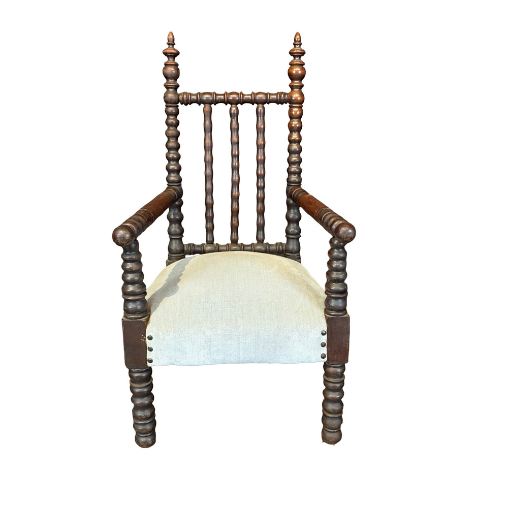 Antique Child’s Turned Wood Bobbin Spindle Armchair Nursery Chair with Finial Posts
