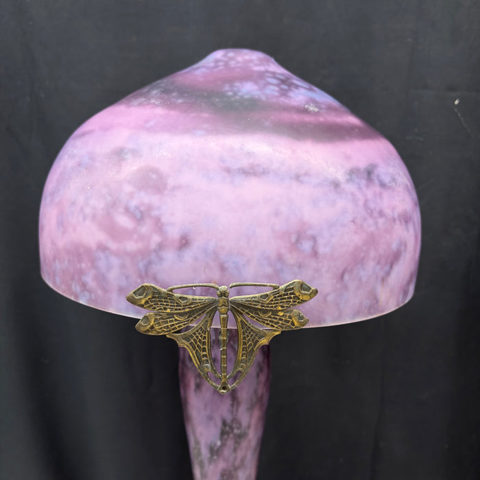 Pair of French La Rochere Art Nouveau Mushroom Table Lamps with Marbled Glass Shades and Bronze Dragonfly Details