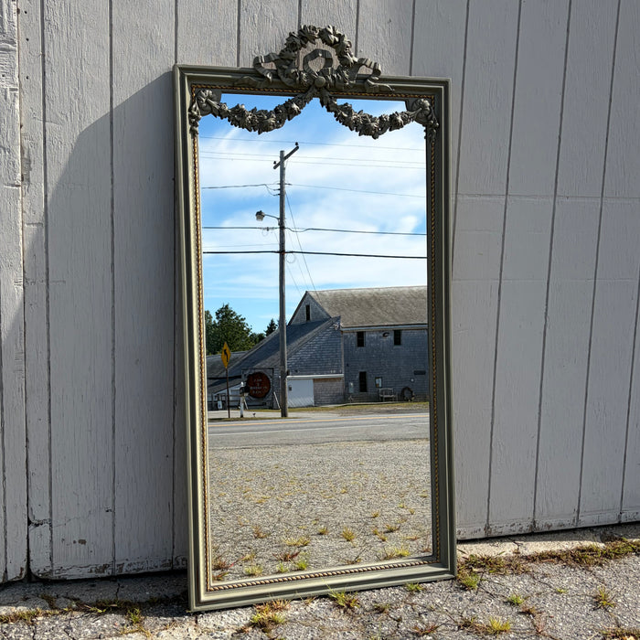 Tall Antique French Painted Neoclassical Pier Mirror with Gilt Accents, Floral Garlands, Ribbon Bow and Wreath Crest