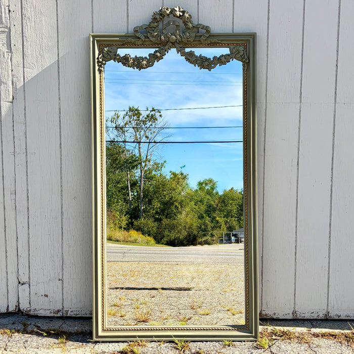 Tall Antique French Painted Neoclassical Pier Mirror with Gilt Accents, Floral Garlands, Ribbon Bow and Wreath Crest