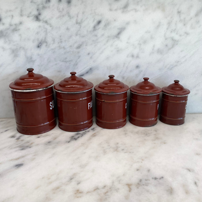 Set of Five French Reddish Brown Enamel Kitchen Canisters with Original Lids