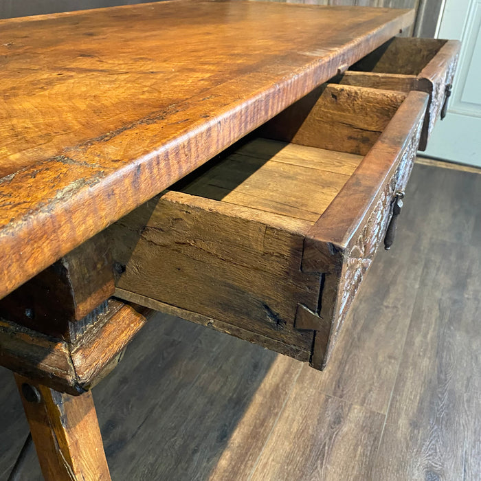 Antique Spanish Baroque Walnut Writing Table, Desk or Console with Iron Stretchers