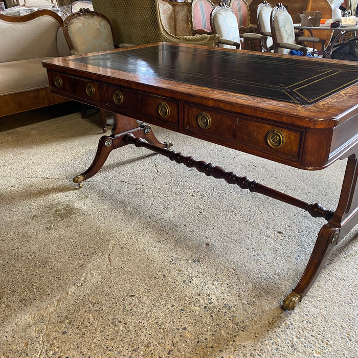 British Regency Style Mahogany Partners Two Sided Desk or Writing Table with Embossed Leather Top