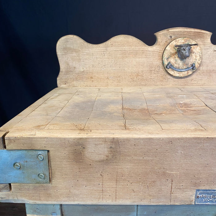Antique French Butcher’s Block Table With Bull’s Head Mount and Rare Paris Maker's Label Jules Mareschal