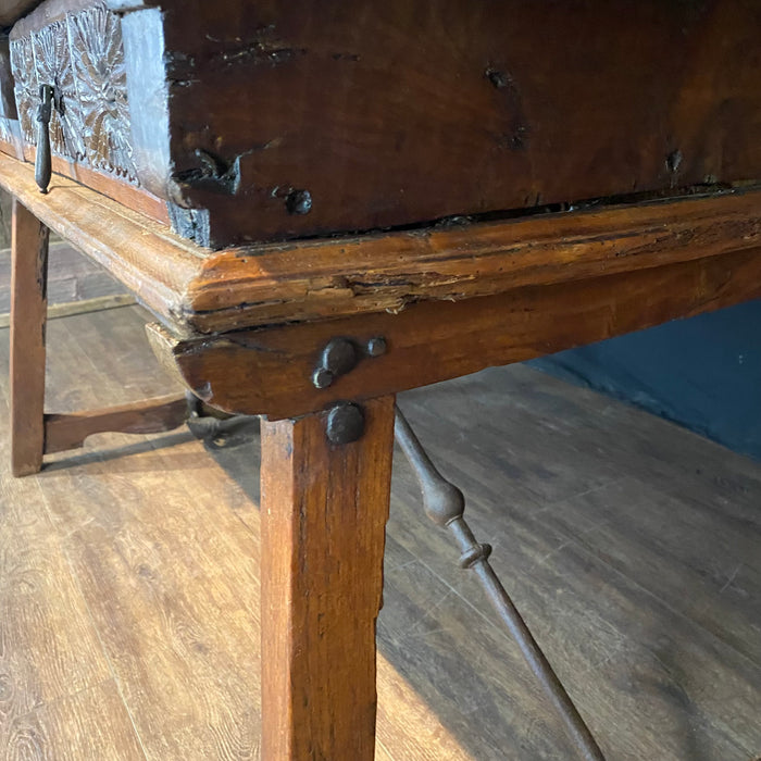 Antique Spanish Baroque Walnut Writing Table, Desk or Console with Iron Stretchers