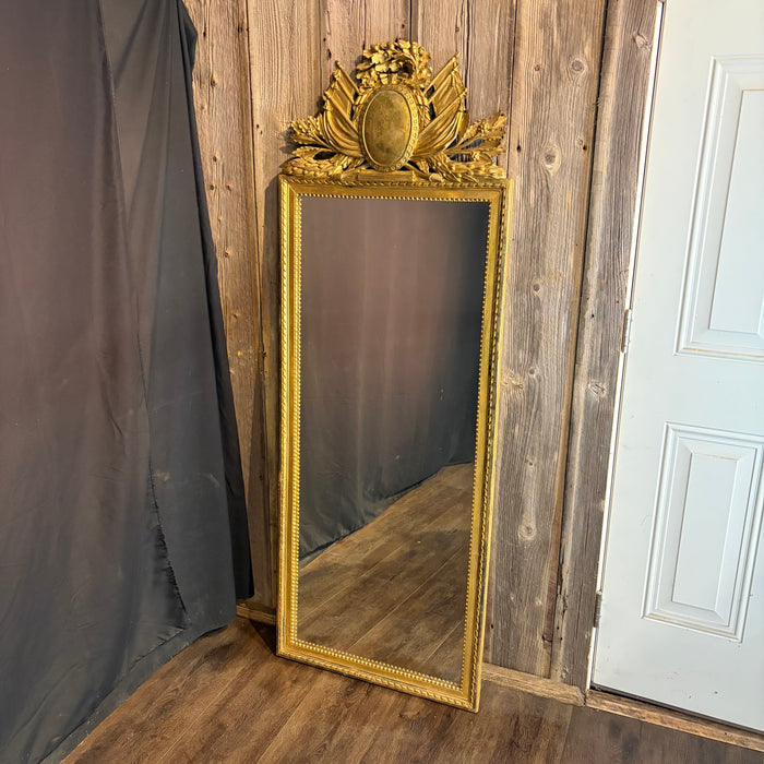 Exceptional Antique French Neoclassical Giltwood Tall Pier Mirror with Elaborate Carved Crest, Original Gold Leaf Gilding
