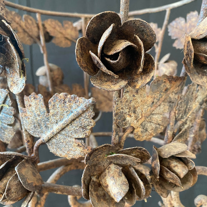 Pair of Antique French Iron Jardinieres or Plant Stands with Sculpted Roses, Leaves and Vines