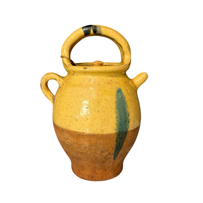 French Antique Yellow Glazed Gargoulette - Antique Provencal Pottery Jug with Lid