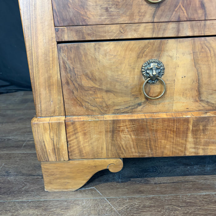19th Century French Burled Wood Commode, Dresser or Chest of Drawers with Marble Top and Lion Pulls