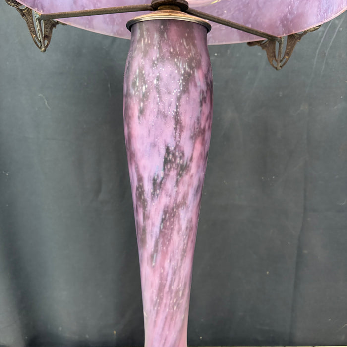 Pair of French La Rochere Art Nouveau Mushroom Table Lamps with Marbled Glass Shades and Bronze Dragonfly Details