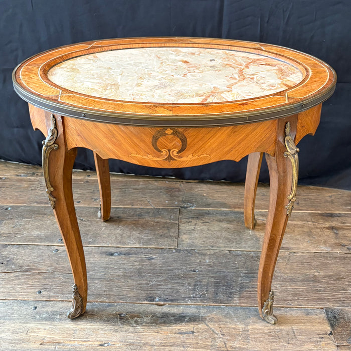 Antique French Louis XV Oval Marble Top Coffee Table, Cocktail or Side Table with Inlay, Marquetry and Bronze Mounts