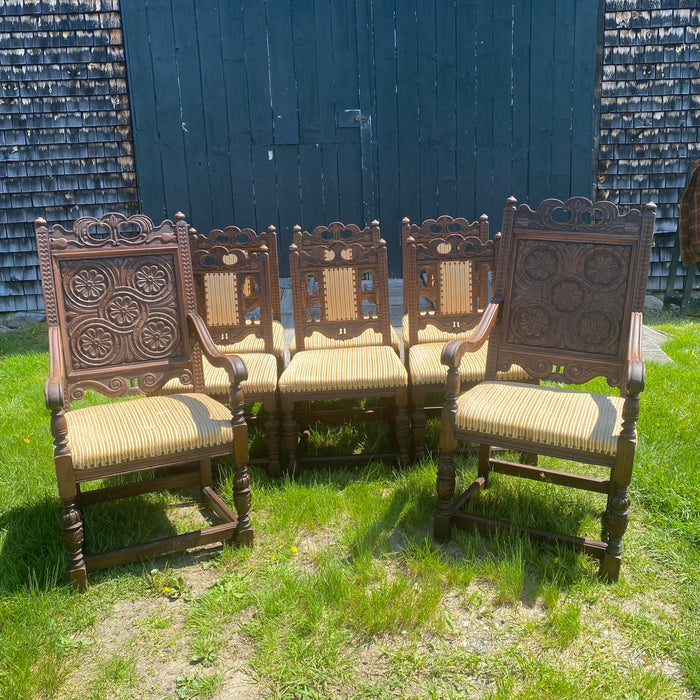 Antique Set of 8 British Jacobean Style Carved Oak Dining Chairs: 2 Arm Chairs and 6 Side Chairs