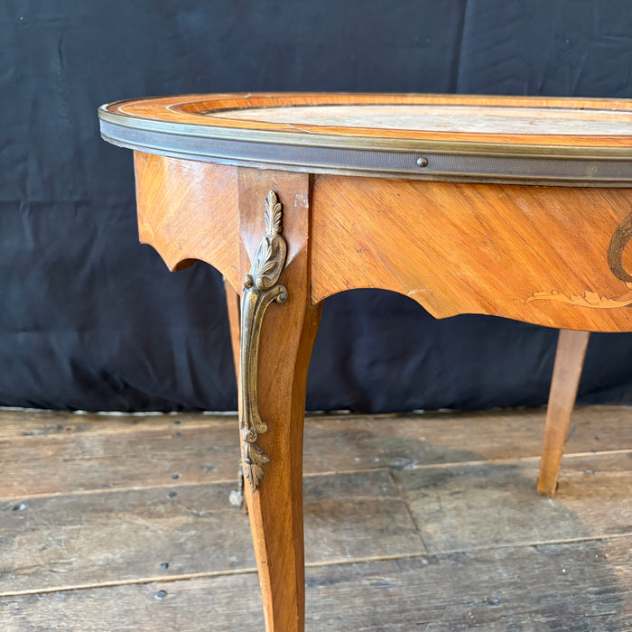 Antique French Louis XV Oval Marble Top Coffee Table, Cocktail or Side Table with Inlay, Marquetry and Bronze Mounts