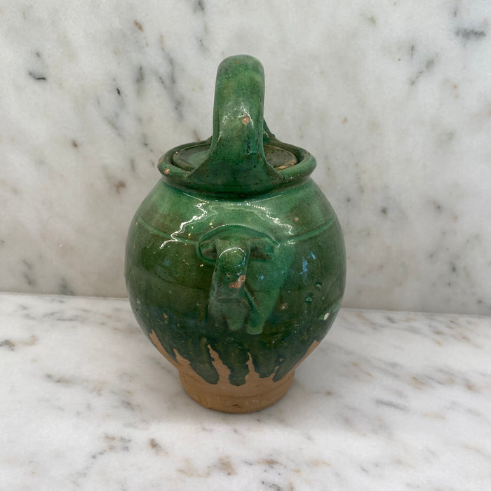 French Antique Green Glazed Gargoulette - Antique Provencal Pottery Jug with Lid
