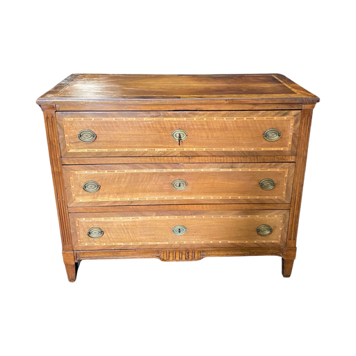 Early Italian 19th Century Antique Inlaid Walnut and Fruitwood Commode, Dresser or Chest of Drawers