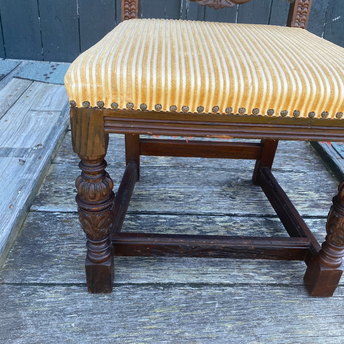 Antique Set of 8 British Jacobean Style Carved Oak Dining Chairs: 2 Arm Chairs and 6 Side Chairs