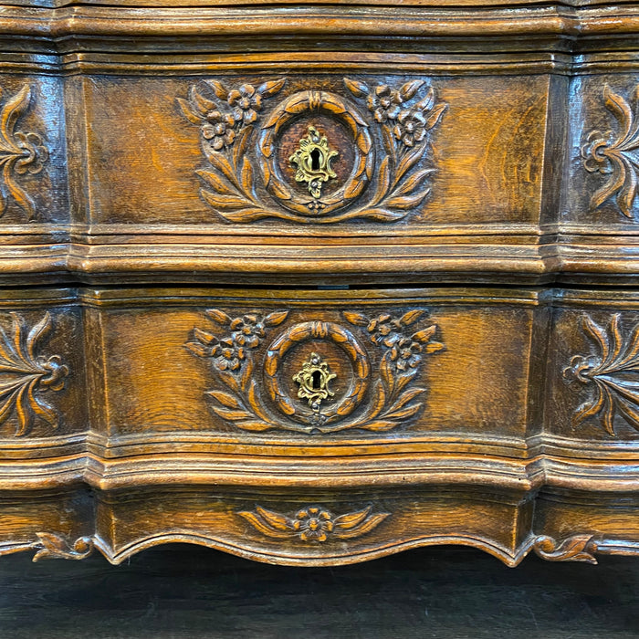 French Louis XV Carved Oak Provincial Country Commode or Chest of Drawers
