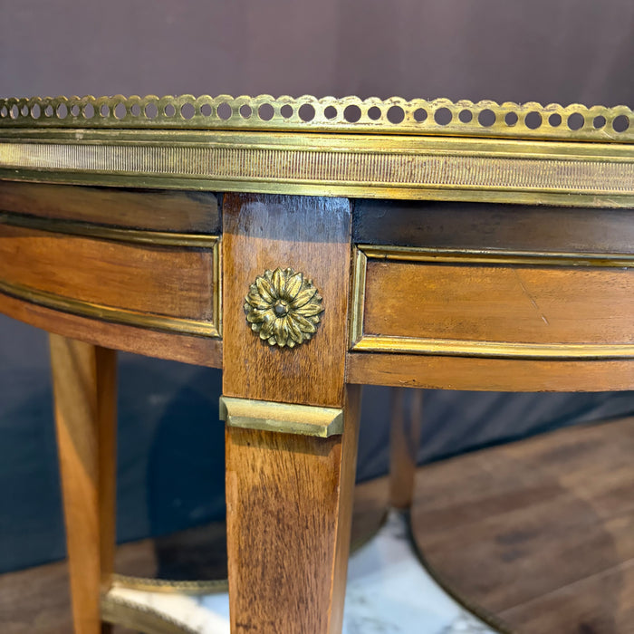 Antique French Bouillotte Round Side Table with Marble Top, Marble Stretcher and Brass Gallery