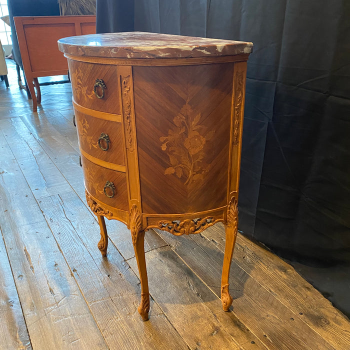 French Louis XV Elegant Marble Top Demilune Side Table, Petite Cabinet, Bedside Table or Nightstand with Floral Marquetry