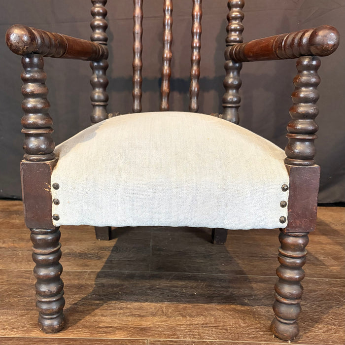 Antique Child’s Turned Wood Bobbin Spindle Armchair Nursery Chair with Finial Posts