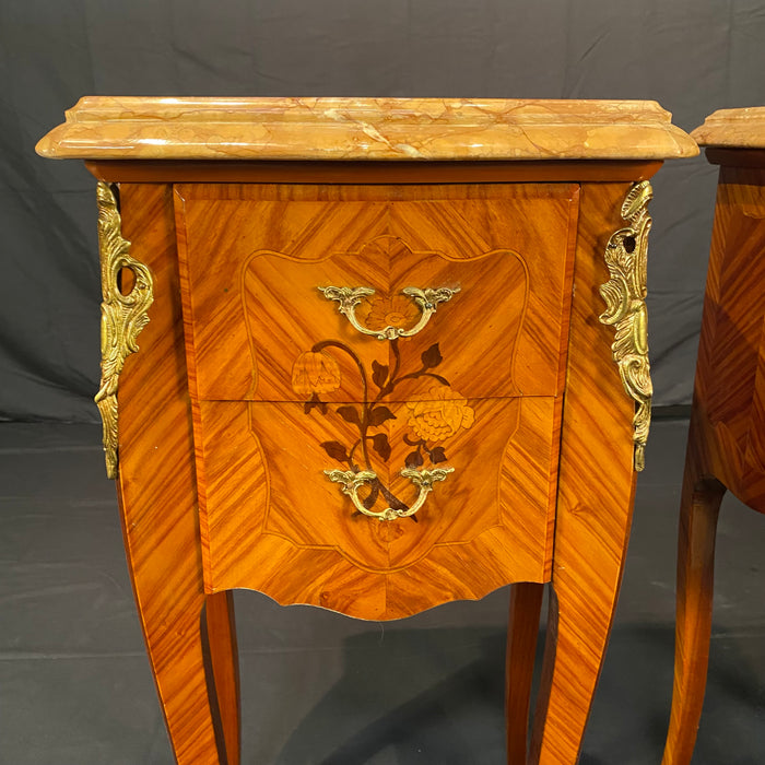 French Louis XV Pair Marble Top Nightstands or Side Tables Mid 20th Century