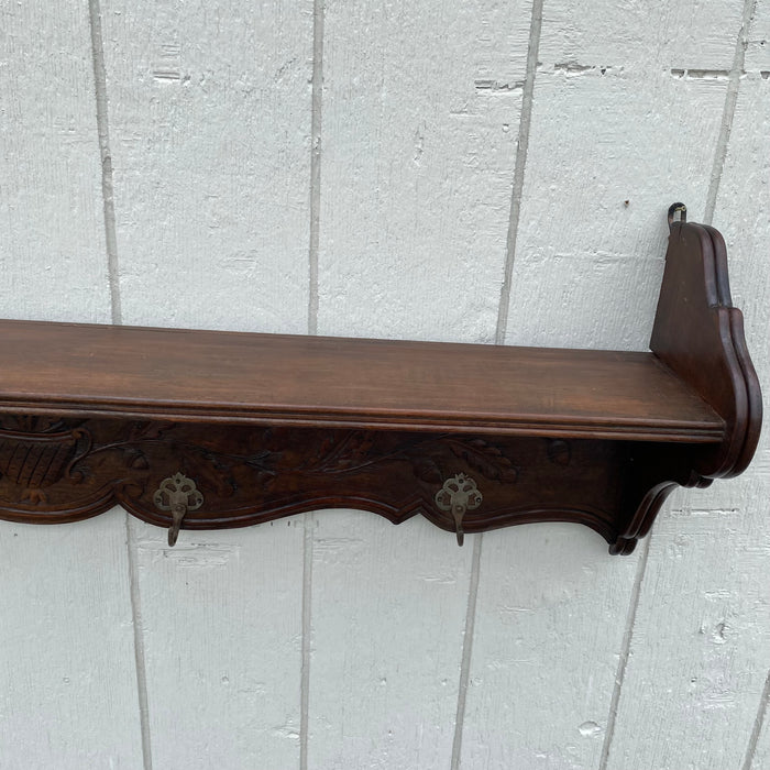 Antique Hand Carved 19th Century Walnut Hat and Coat Rack and Wall Shelf or Bookshelf with Hooks