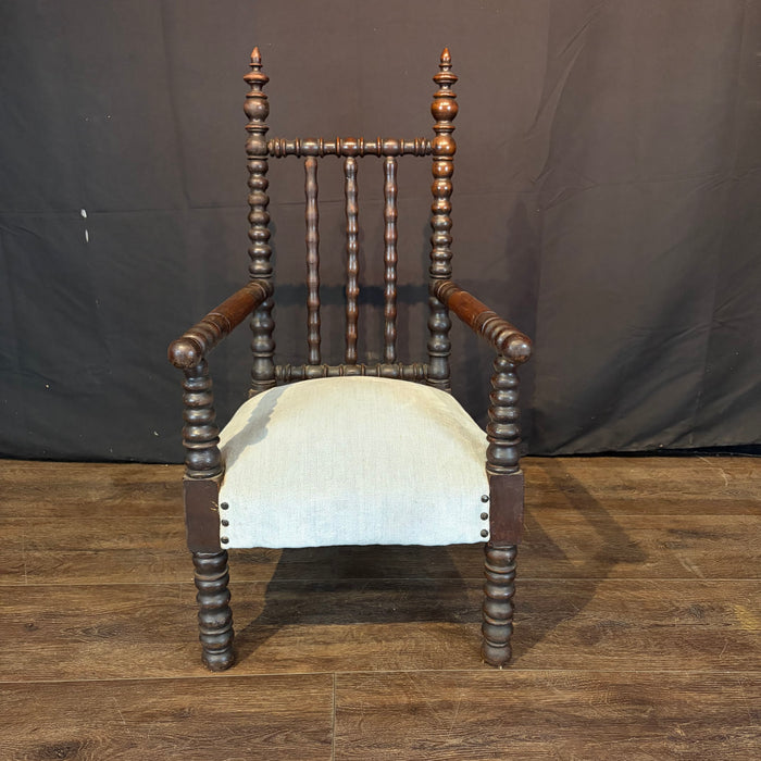 Antique Child’s Turned Wood Bobbin Spindle Armchair Nursery Chair with Finial Posts