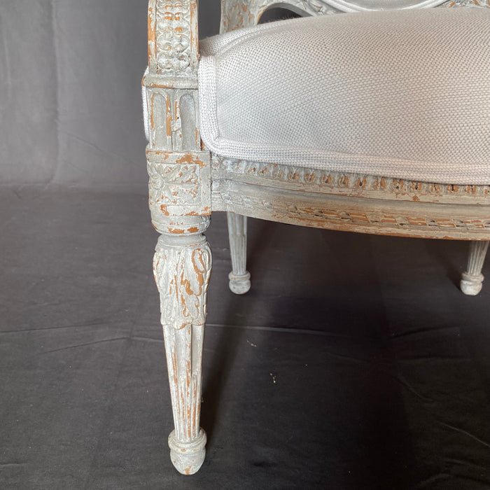 French Early 19th Century Intricately Carved Louis XVI Chair Newly Upholstered with Original Paint