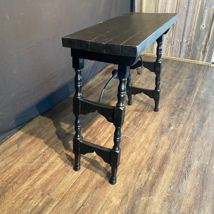 Antique Ebony Spanish Side Table, Accent Table or Console Table with Turned End Supports Joined by Iron Stretchers