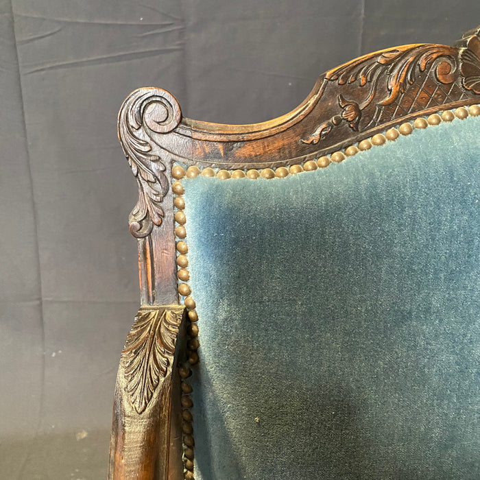 19th Century French Louis XV Chairs with Original Blue Mohair Upholstery: Set of 4 - 2 Armchairs and 2 Side Chairs