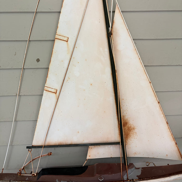 Large Vintage Metal Sailboat Yacht Wall Sculpture with Painted Hull and Wire Rigging