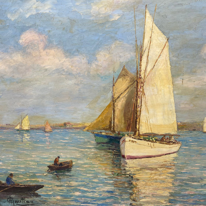 Mid-Century French Impressionist Oil Painting of Sailboats in a Harbor, Signed Gautier