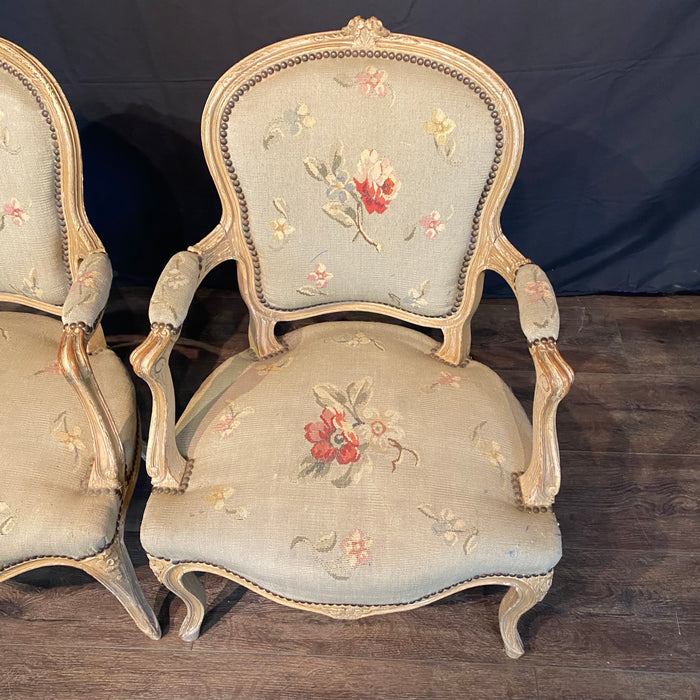 Antique French Pair of Painted Louis XV Armchairs or Fauteuils