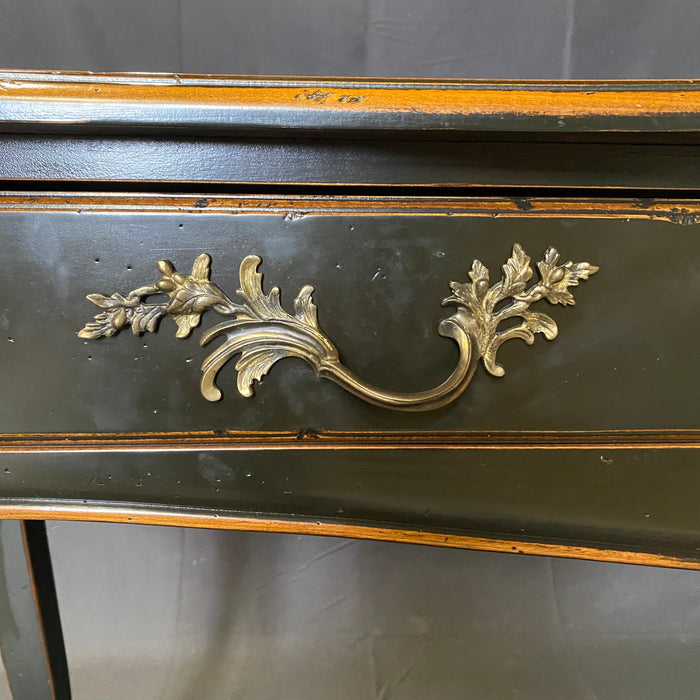 French Louis XV Style Ebonized Console Table or Buffet with Two Drawers and Pull Out Leaf