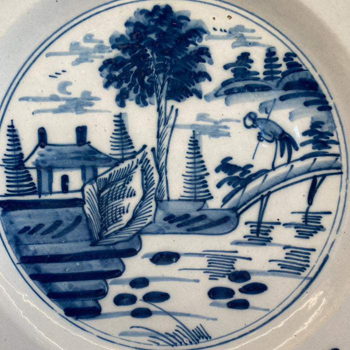 Early Antique Dutch Delft Blue and White Landscape Plate or Platter