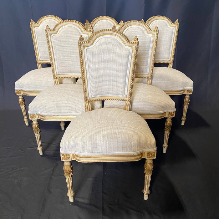 Set of 6 French 19th Century Salon Chairs, Side Chairs or Dining Chairs with Original Gilt and White Paint and New Upholstery