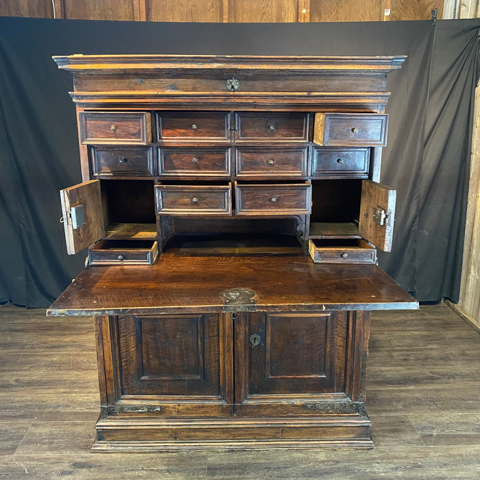 18th Century Spanish Baroque Walnut Bargueno or Vargueno Fall-Front Writing Desk Cabinet Spanish Cabinet "Bargueño" or Vargueno on Stand, Original Wrought Iron and Keys