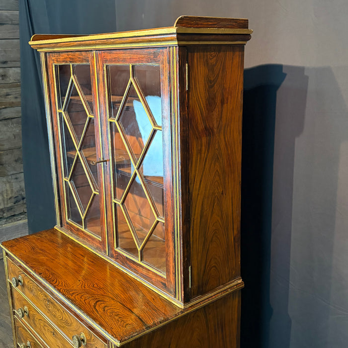 Early 19th Century English Regency Faux Rosewood Secretary Bookcase with Writing Drawer