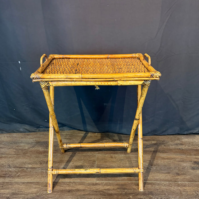 Pair of Midcentury Tortoiseshell Bamboo Folding Chairs with Bamboo and Rattan Tray Table