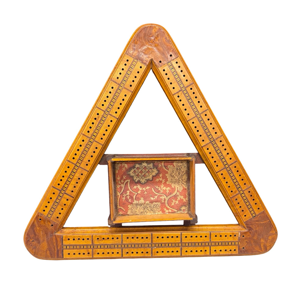 Antique Inlaid Triangular Cribbage Board with Integrated Card Holder