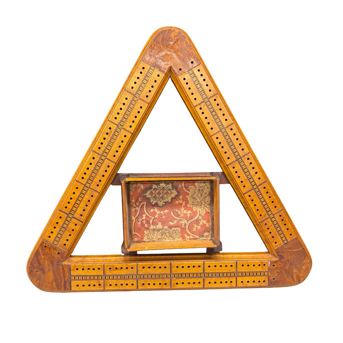 Antique Inlaid Triangular Cribbage Board with Integrated Card Holder