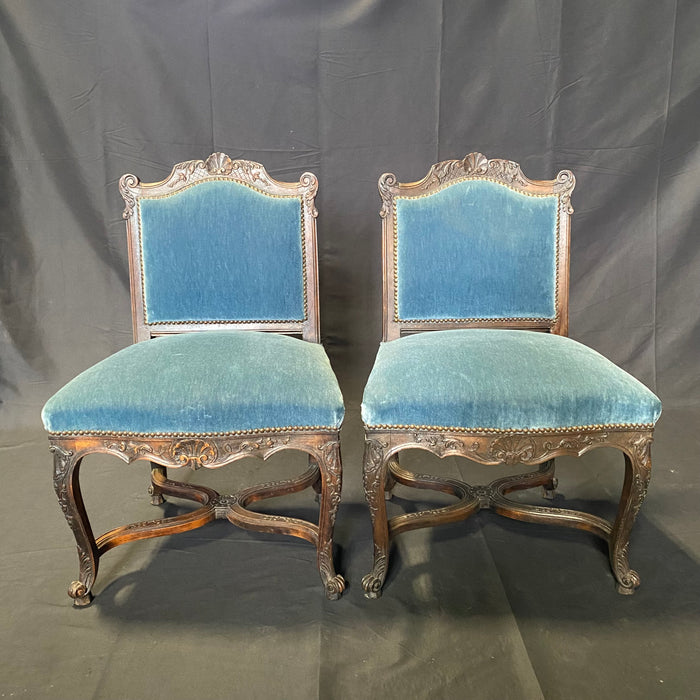 Pair of 19th Century French Louis XV Chairs with Original Blue Mohair Upholstery Accent Chairs or Parlor Chairs