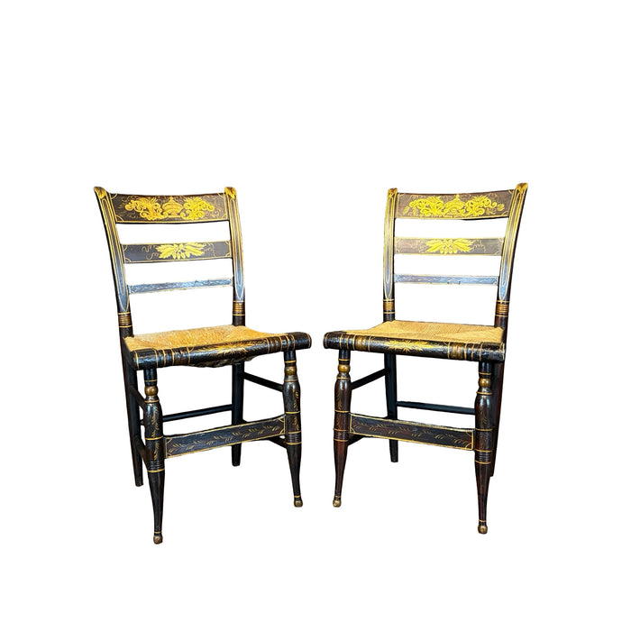 Early 19th Century American Painted Hitchcock-Style Side Chairs with Rush Seats and Gilt Stenciling