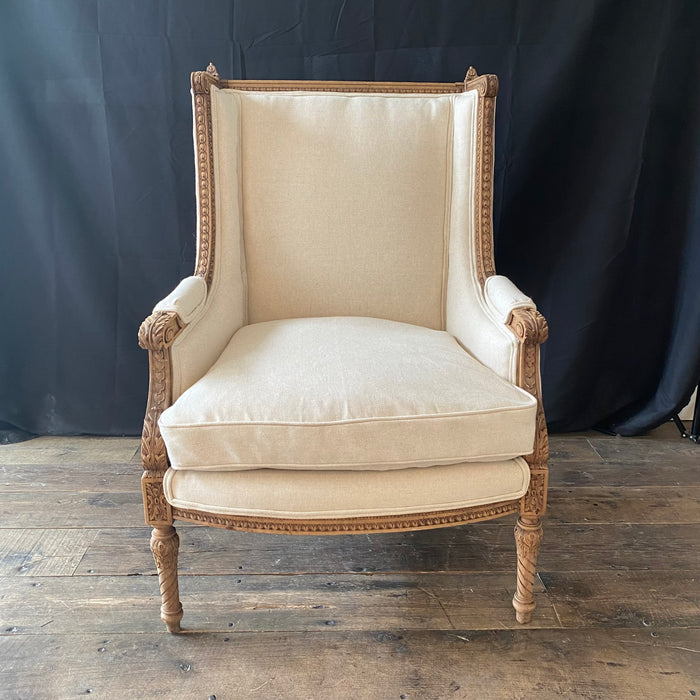 Pair of French 19th Century Louis XVI Intricately High Back Carved Wingback Bergeres, Lounge Chairs, Arm Chairs Newly Reupholstered